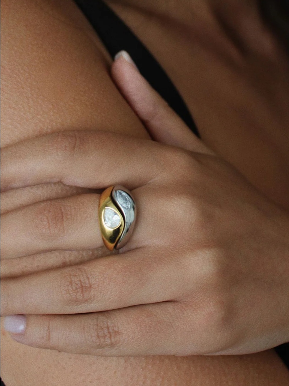 Gold and Silver Marquise Crystal Ring in Two-Tone Finish